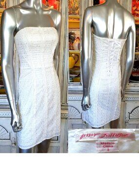 Betsey Johnson Y2K Vintage White Eyelet Lace Strapless Dress Corset Back Size 2